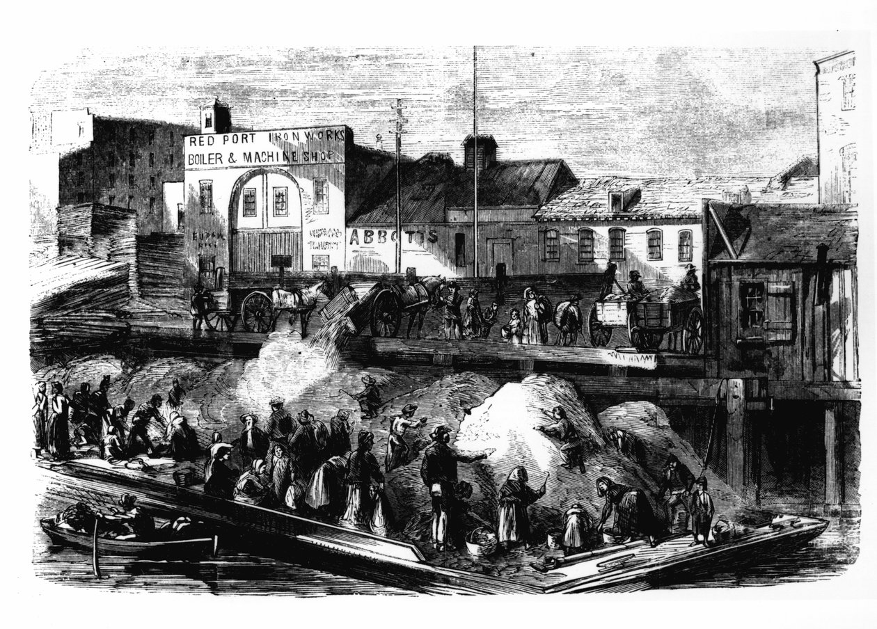 Vagabundos recogen trapos para vender en el vertedero de Beach Street, Nueva York, c.1870 de American School
