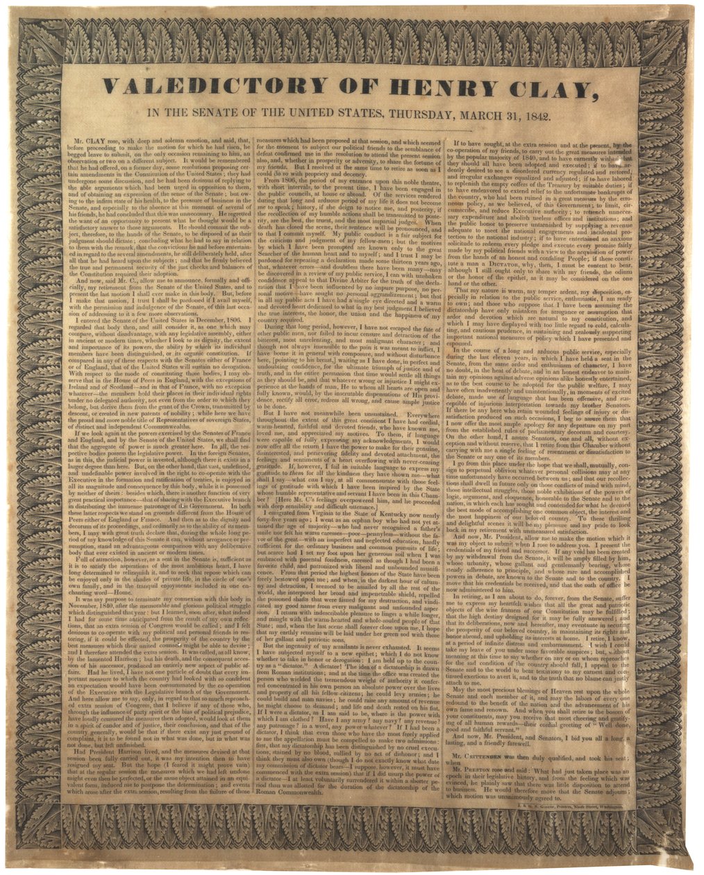 Discurso de despedida de Henry Clay, en el Senado de los Estados Unidos, 31 de marzo de 1842 de American School
