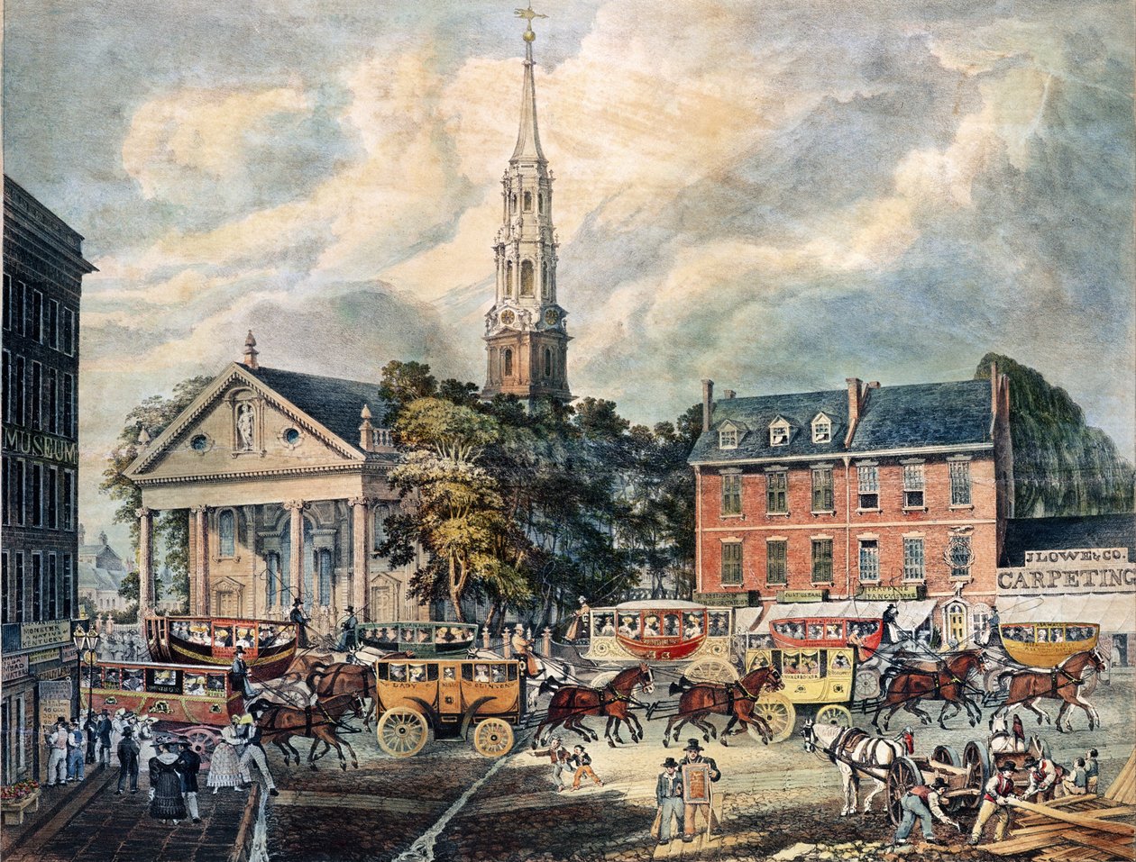 Vista de la capilla de St. Paul y los escenarios de Broadway, Nueva York de American School