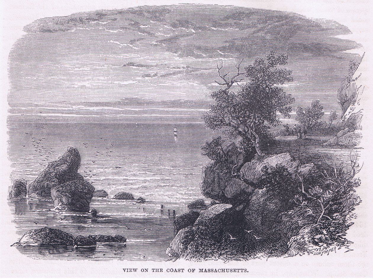 Vista de la costa de Massachusetts 1644, ilustración de la Historia de los Estados Unidos de Cassell, publicada por Petter & Galpin c.1890 de American School