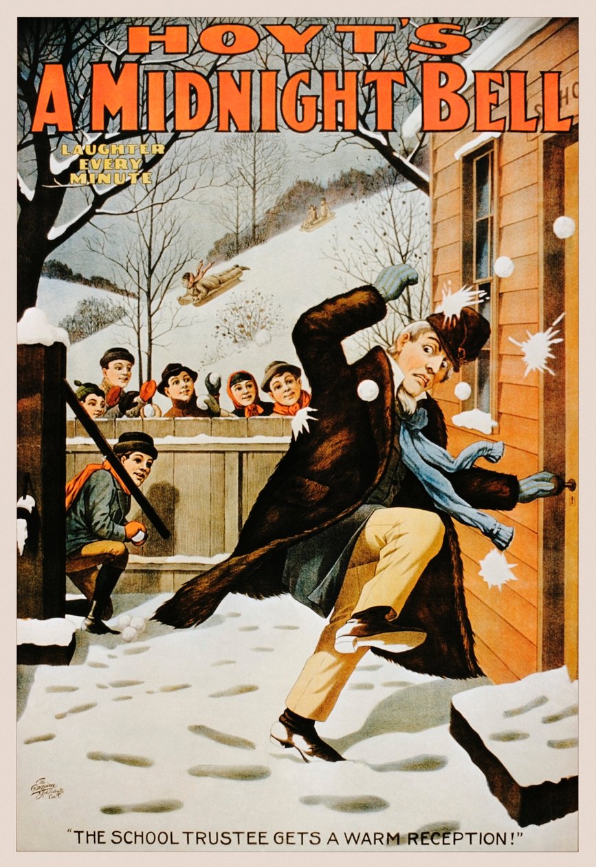 Póster vintage de niños lanzando bolas de nieve a un hombre, 1890-99 de American School