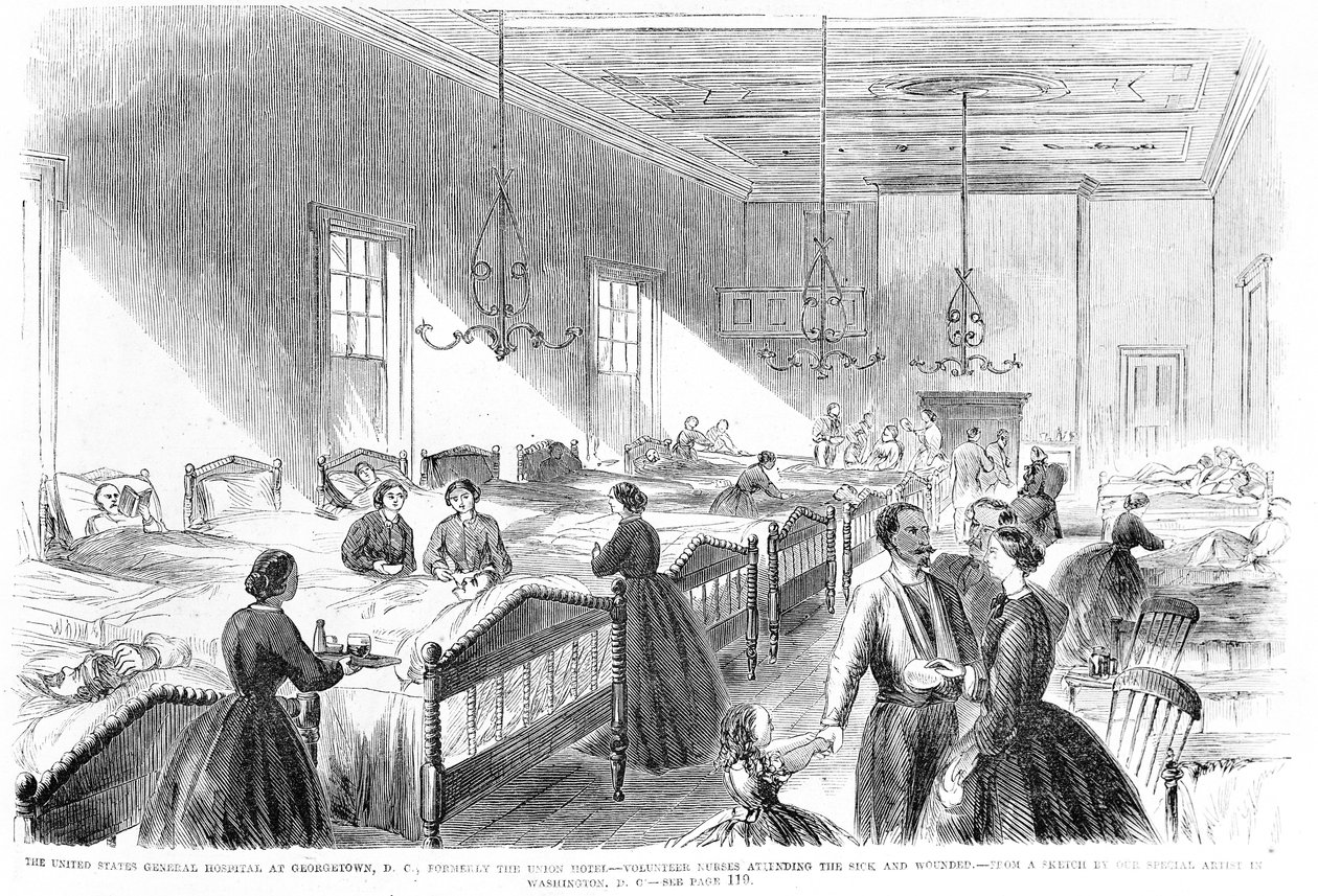 Enfermeras voluntarias atendiendo a los enfermos en el Hospital General de EE.UU. en Georgetown, de Frank Leslies Illustrated Newspaper, 6 de julio de 1861 de American School