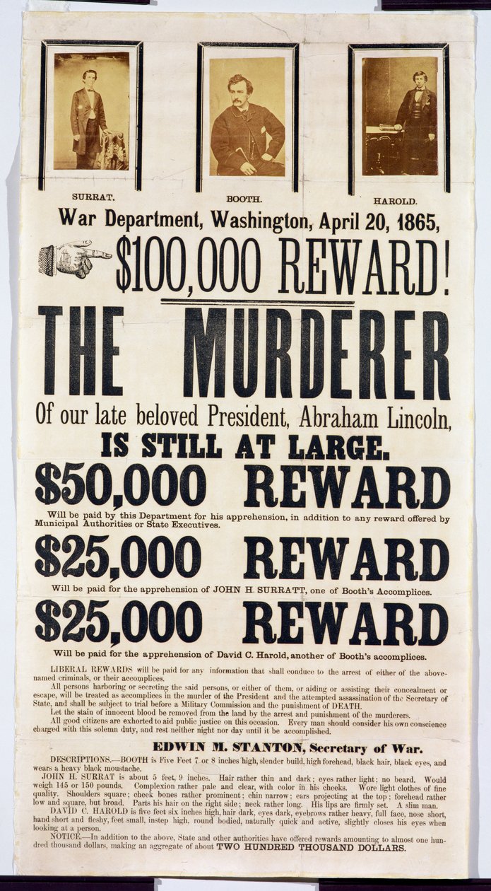 Cartel del Departamento de Guerra de Washington anunciando una recompensa de $100,000 por encontrar al asesino de Abraham Lincoln, 20 de abril de 1865 de American School