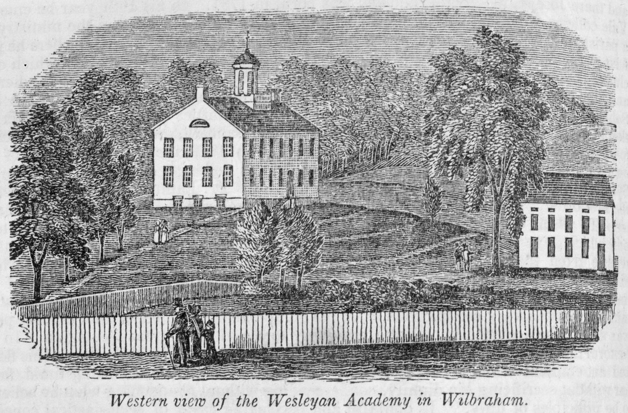 Vista occidental de la Academia Wesleyana en Wilbraham, de 