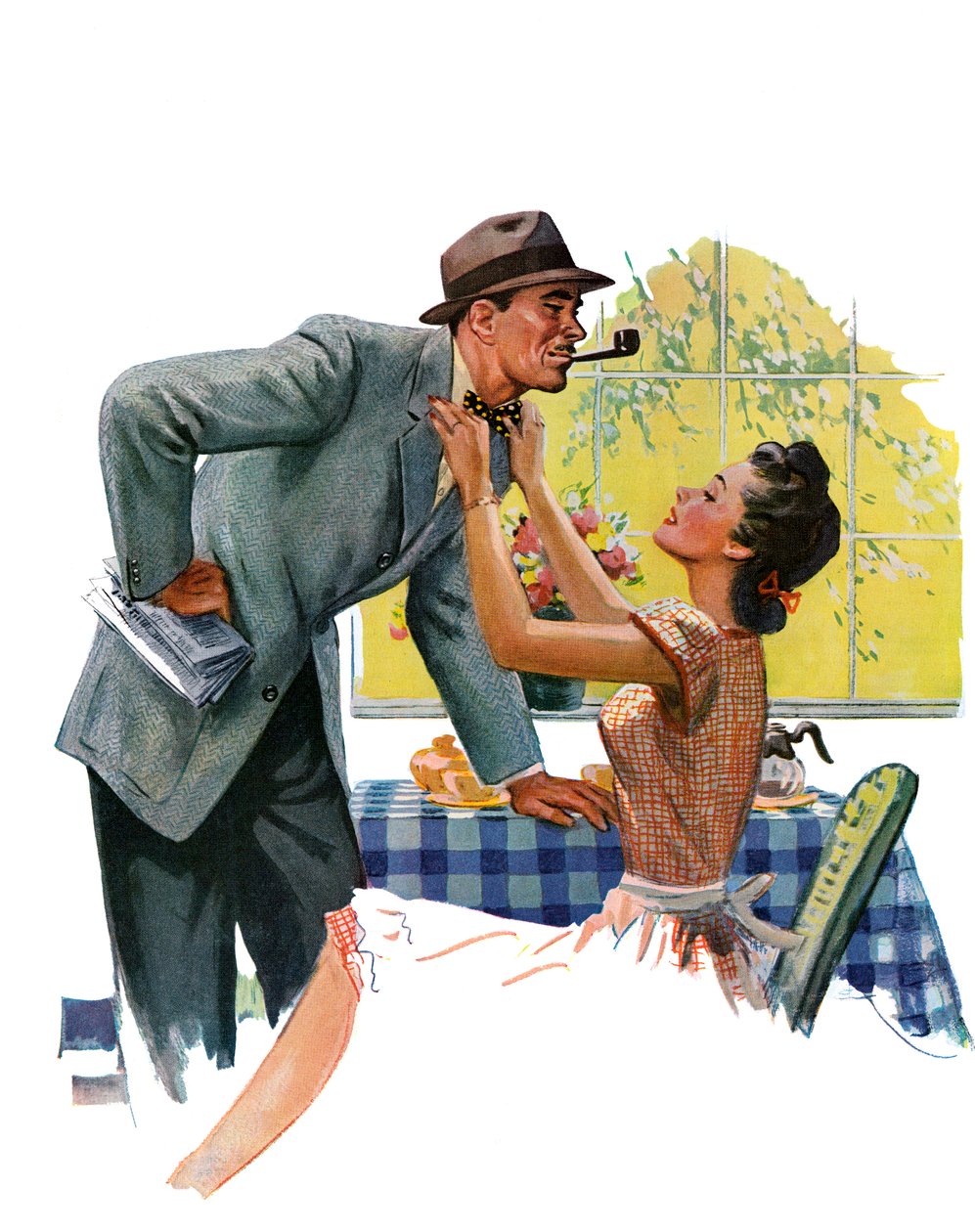 Esposa ajustando la corbata de su marido antes de salir a trabajar de American School