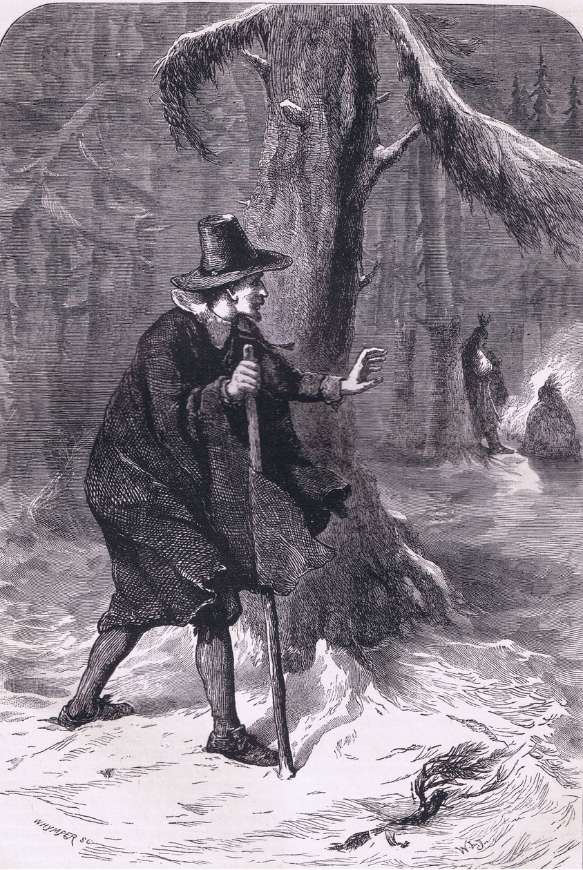 William en el bosque, ilustración de la Historia de los Estados Unidos de Cassell, publicada por Petter & Galpin c.1890 de American School