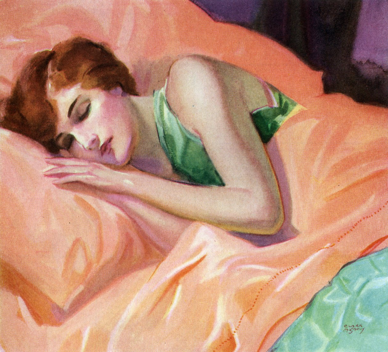Mujer durmiendo sobre sábanas color melocotón de American School