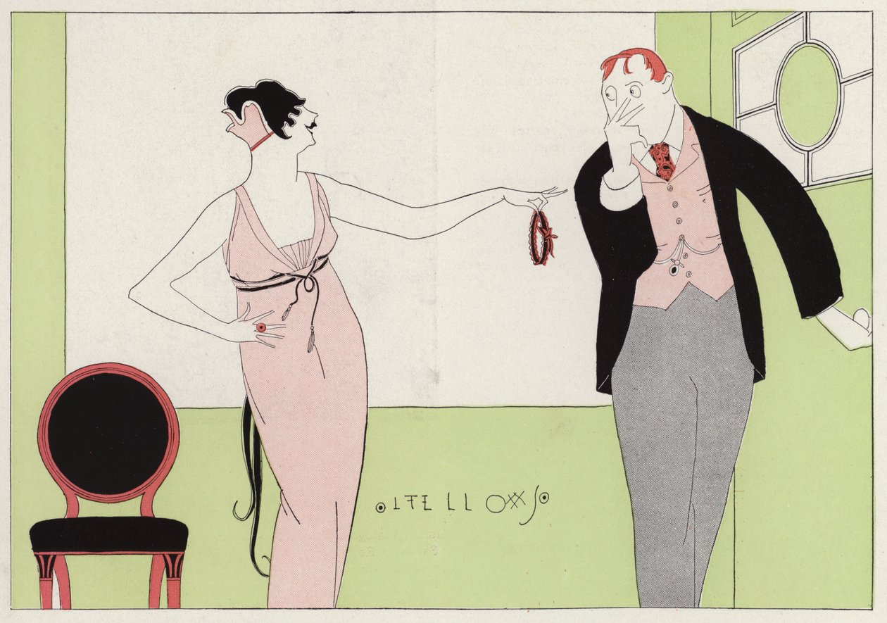 Mujer acusando a su marido de infidelidad, escena del relato Circumstantial Tokens, de J. A. Waldron (litografía en color). de American School