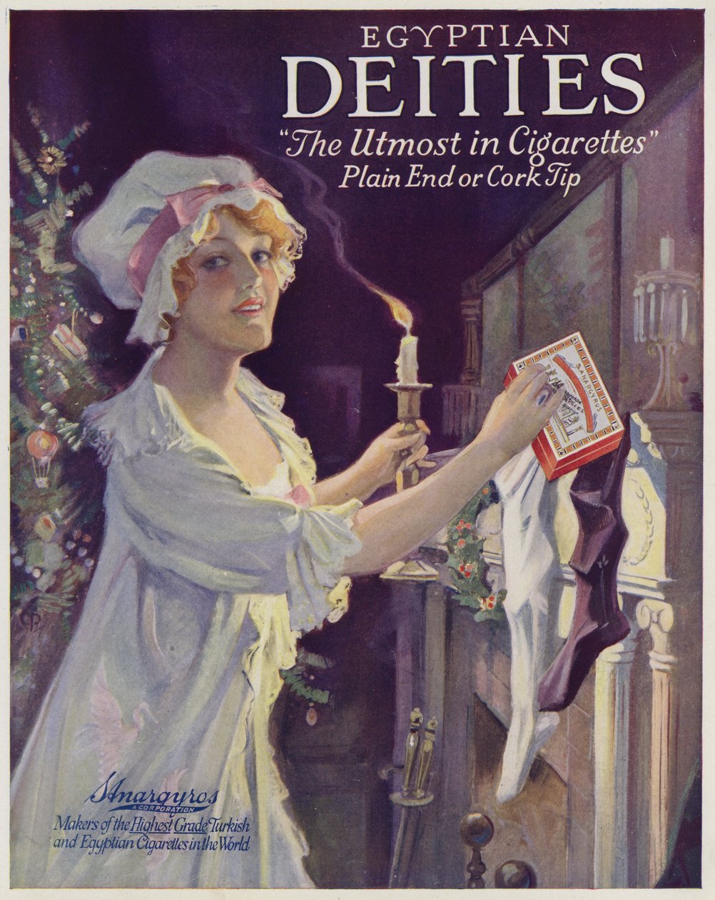 Mujer poniendo cigarrillos en un calcetín de Navidad, aversión por los cigarrillos de las Deidades Egipcias (litografía en color) de American School
