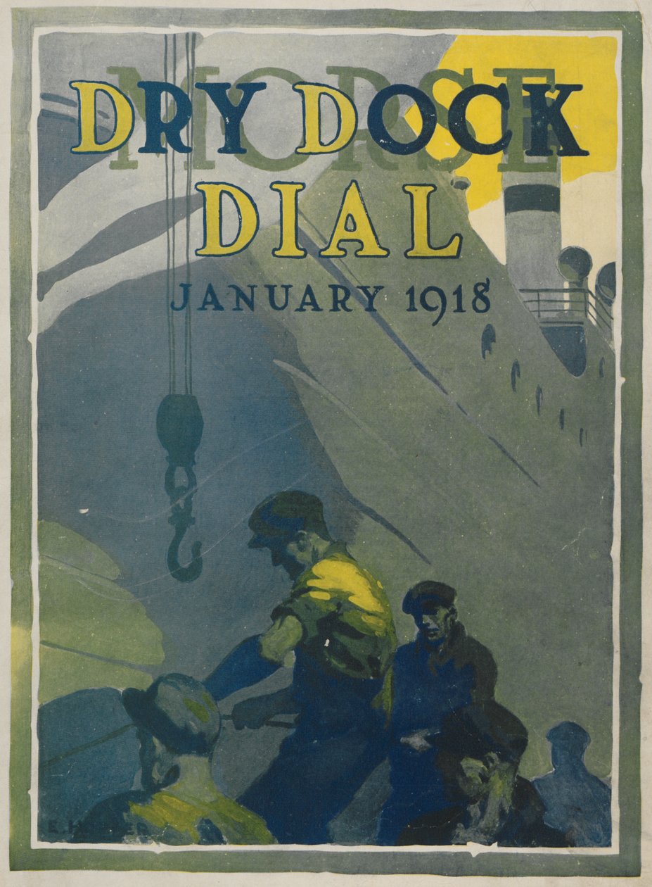 Trabajadores en el astillero Morse, portada del Morse Dry Dock Dial, enero 1918 de American School