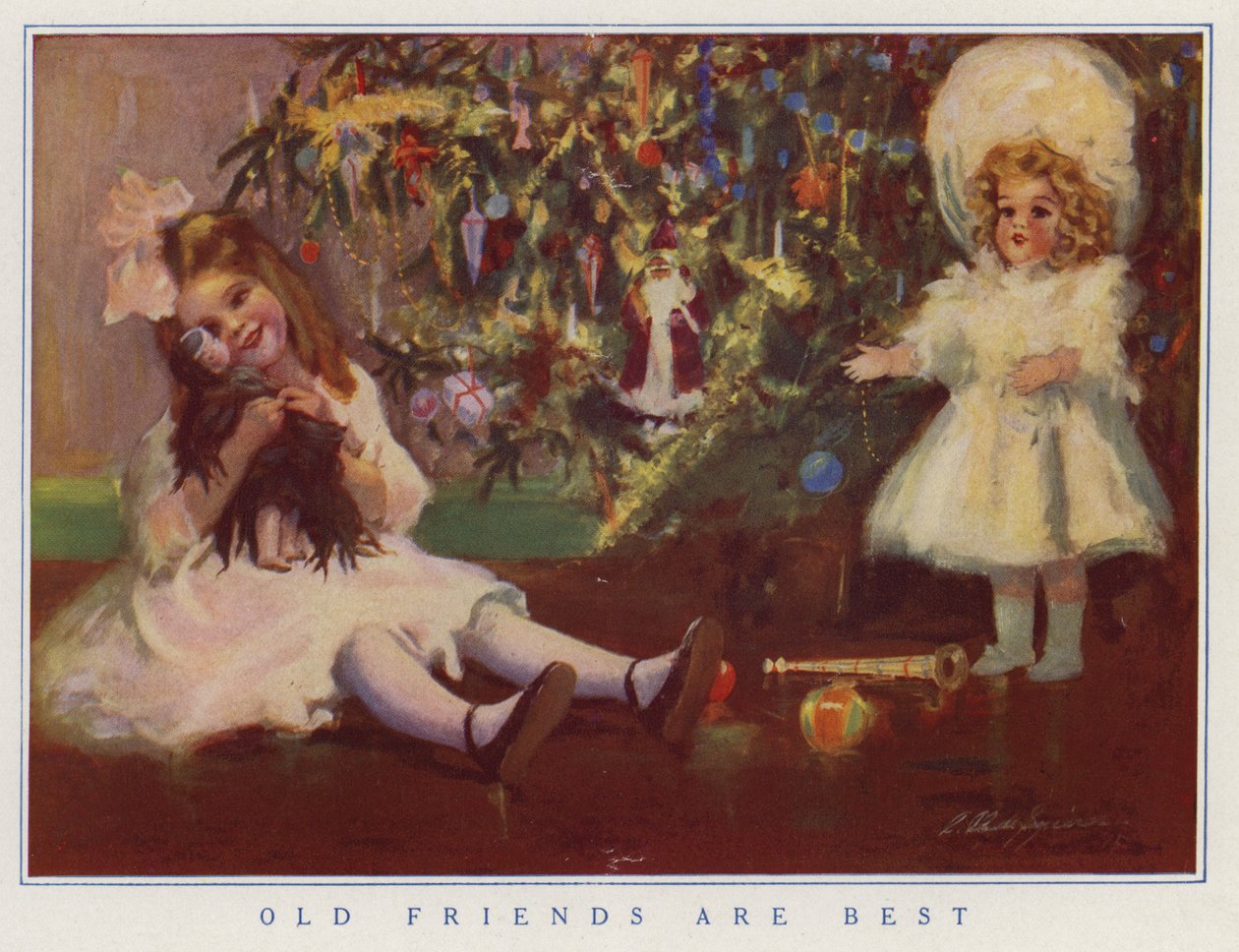 Niña sosteniendo su vieja muñeca en lugar de la nueva que le han regalado por Navidad (litografía en color) de American School