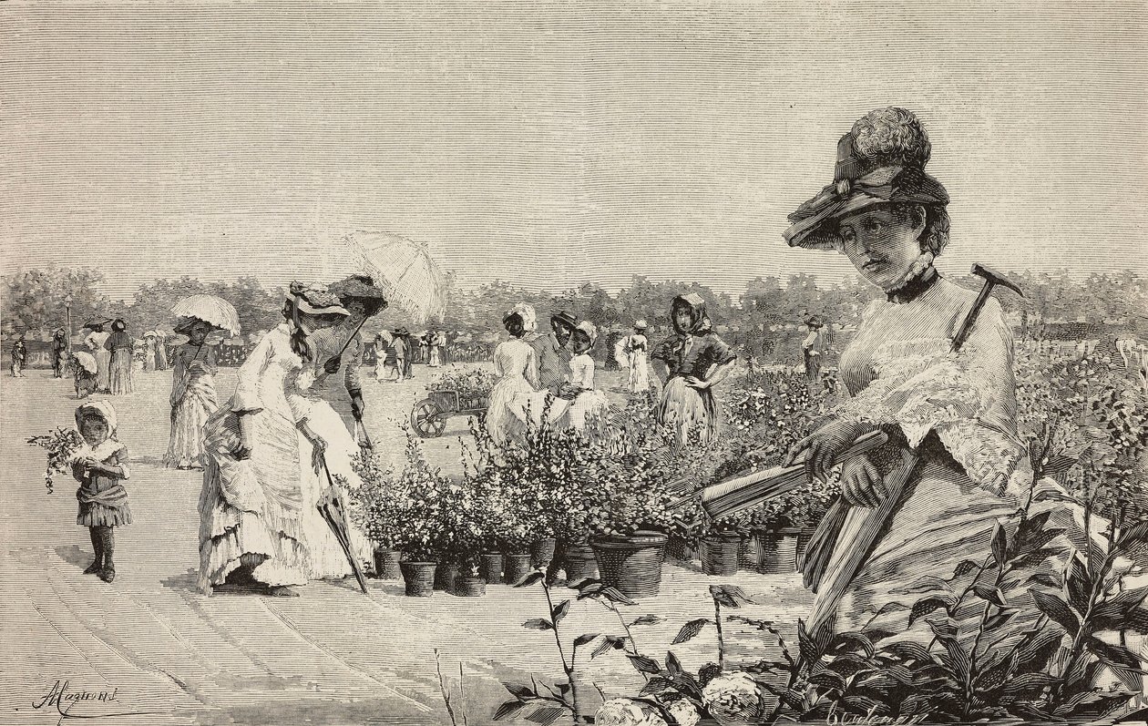 Mujeres paseando en Brera, Milán, Italia, grabado del cuadro Maggio (Mayo) de Amerino Cagnoni (1853-1923), de L