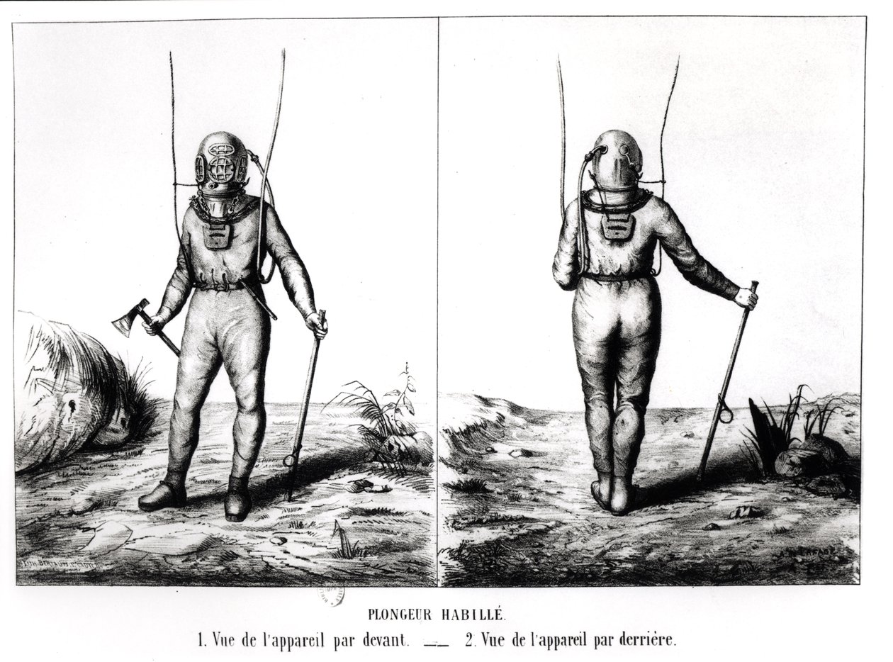 Buzo de aguas profundas, ilustración de Scaphandre, Appareil de Plongeur Cabirol, por Joseph-Martin Cabirol, publicado en París 1855 de Amicar de Lafage
