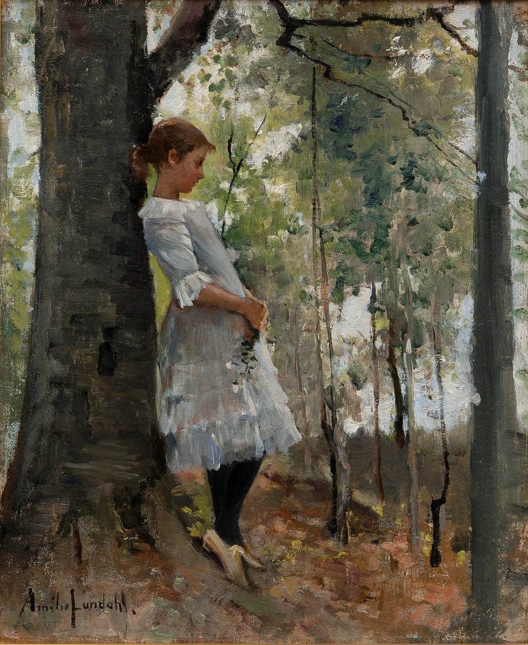 Niña en un bosque de hojas de Amélie Lundahl
