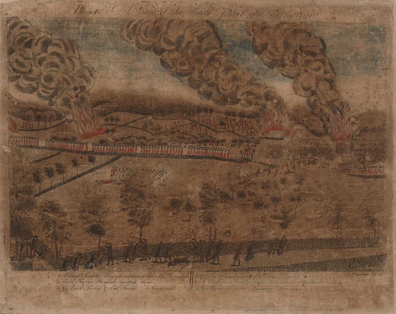 Las batallas de Lexington y Concord: placa I, la batalla de Lexington, 19 de abril de 1775. Placa II, una vista de la ciudad de Concord. Placa III: El Compromiso en el Puente Sur en Concord. Placa IV: A Fiew de la parte sur de Lexington. de Amos Doolittle