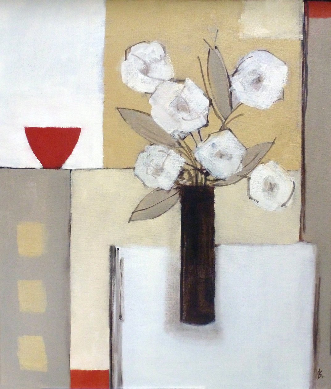 Tazón rojo, flores blancas de Ana Bianchi