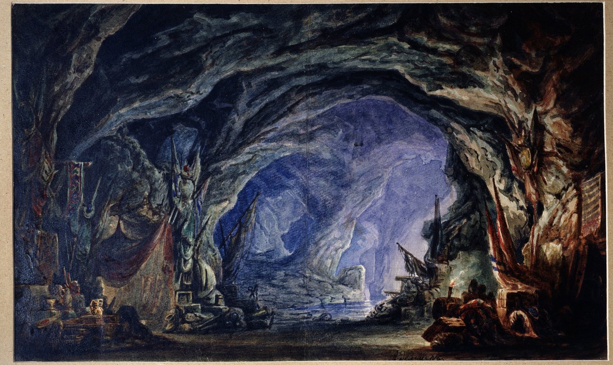 Escenografía del Ballet Corsario de A.Adam (1803-1856). La cueva de los corsarios, accesible por el mar, donde almacenan su botín y todo tipo de capturas (paños, vajilla, armas). Oe de Anatoli Fedorovich Geltser