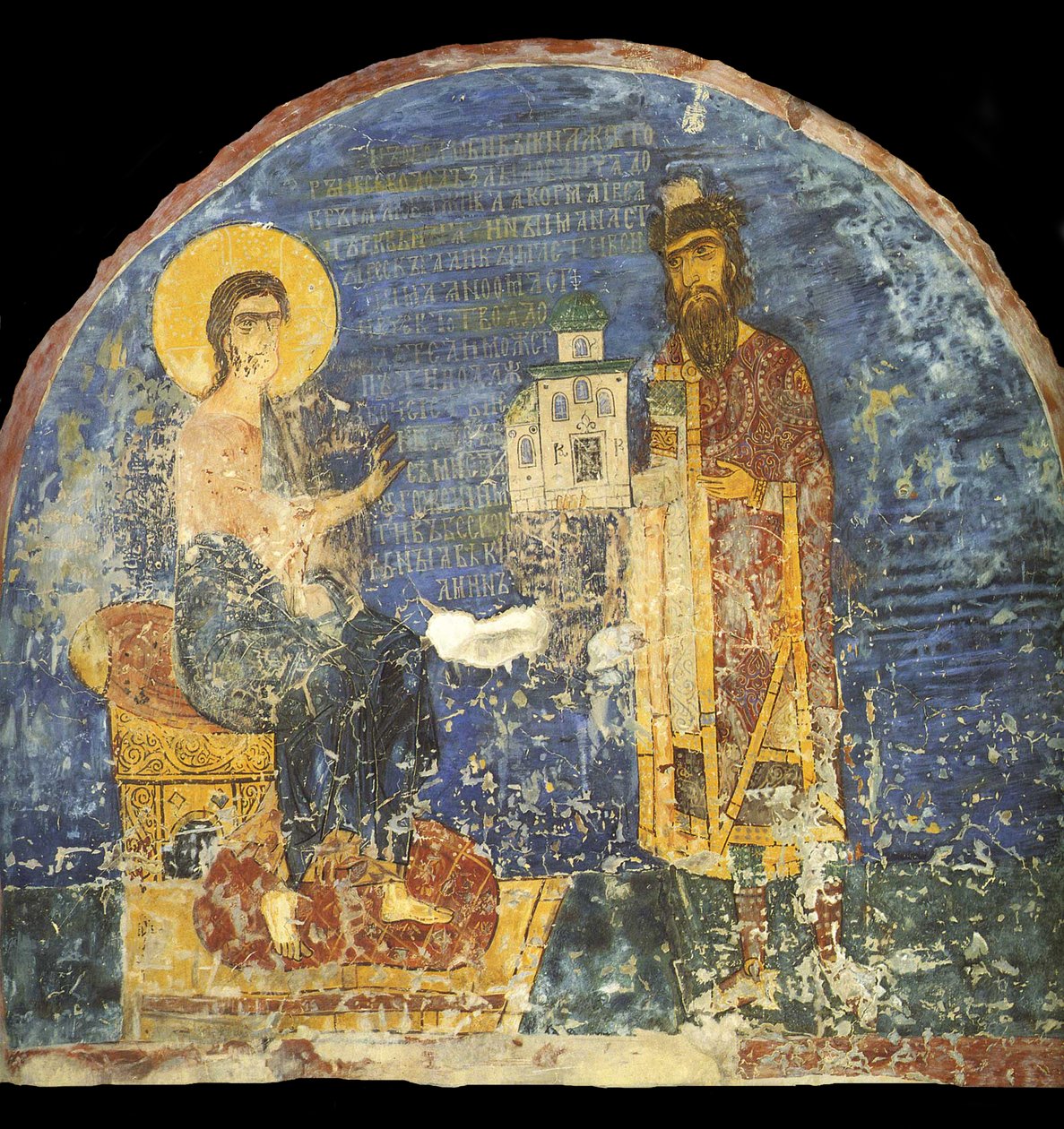 Gran Príncipe Yaroslav II Vsevolodovich con modelo de la Iglesia de Nereditsa ante Cristo de Ancient Russian frescos