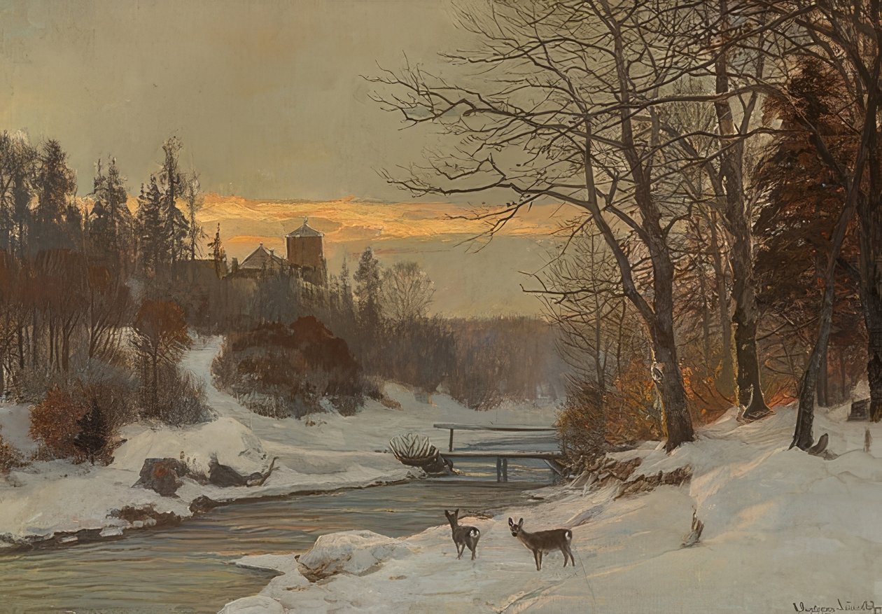 Paisaje invernal con arroyo de Anders Andersen Lundby