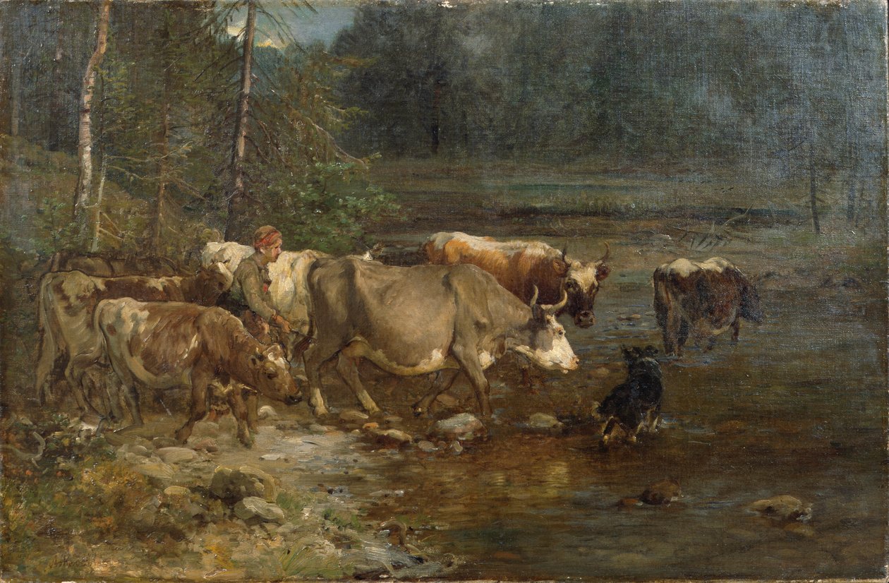 Lechera y vacas en el puesto de agua (pintura) de Anders Askevold