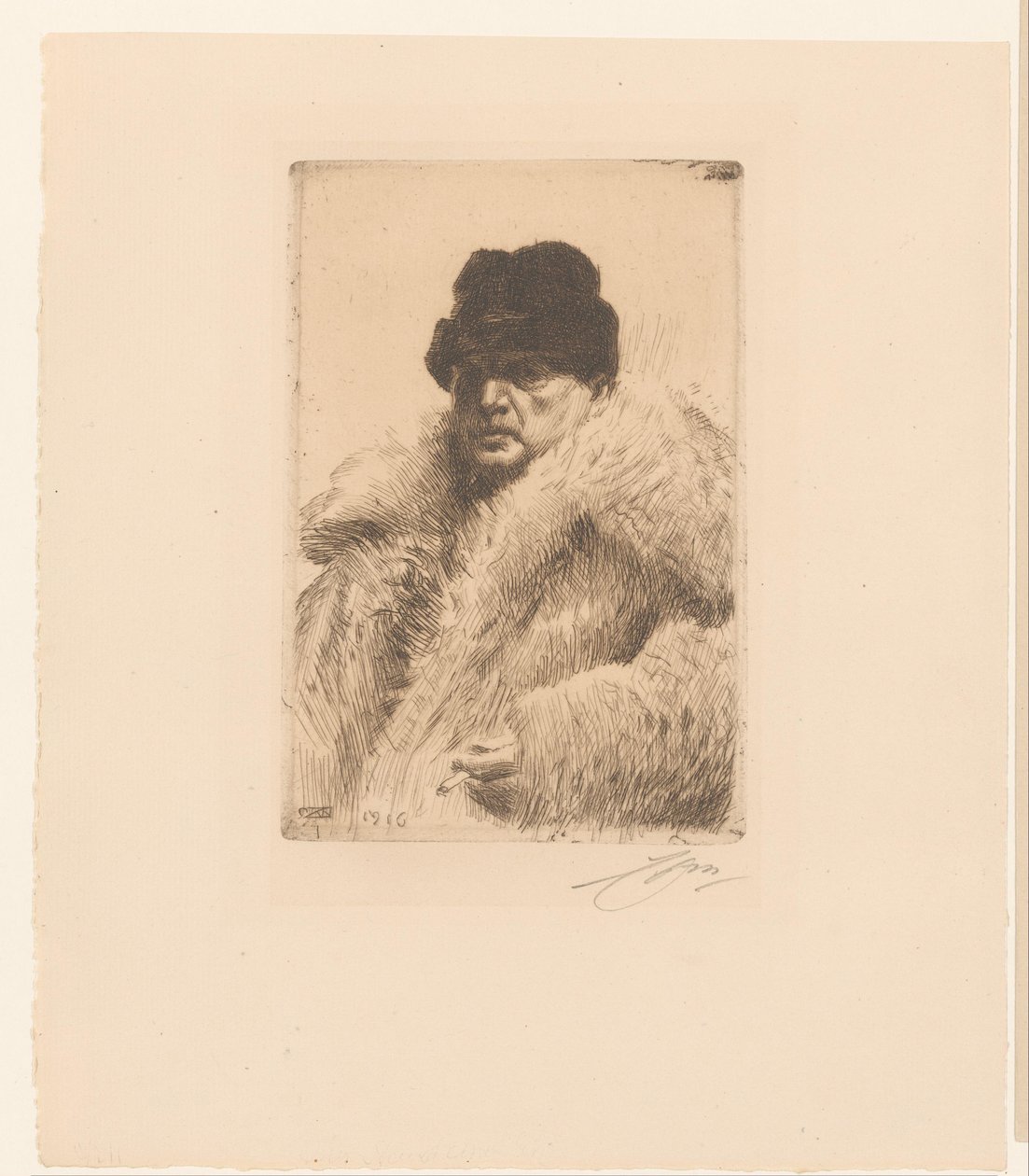 Autorretrato con pieles y gorro de Anders Leonard Zorn (signed by artist)