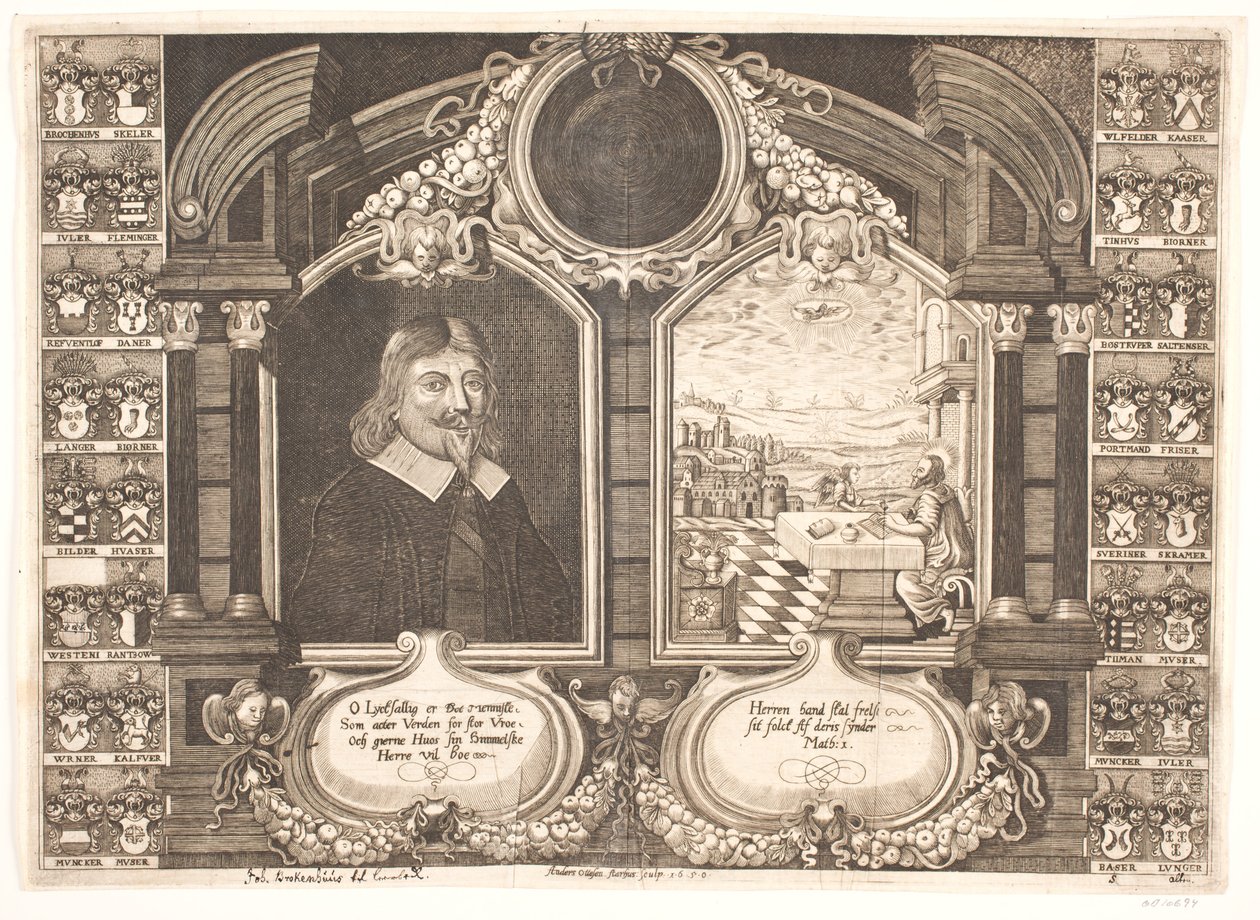Johan Brockenhuus y escena con el evangelista Mateo. Para el Sermón Fúnebre de Anders Ottesen