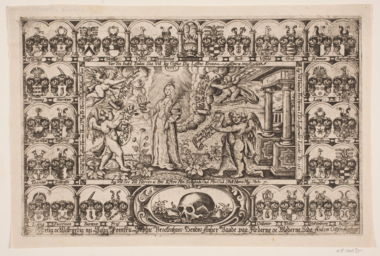 Sophie Brockenhuus y cuatro genios, rodeados de escudos de armas. De sermón fúnebre de Anders Ottesen