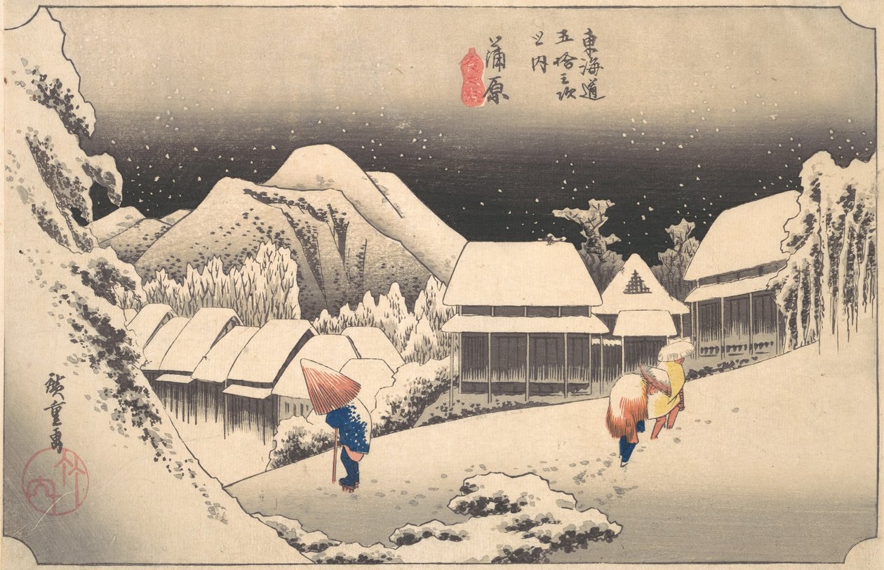 Una noche nevada en la estación de Kambara de Ando Hiroshige