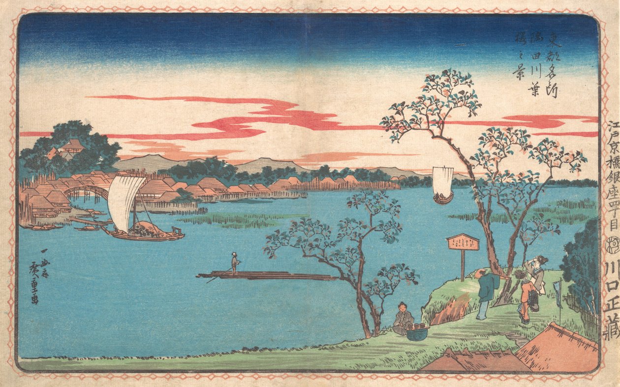 Vista de los cerezos en hoja a lo largo del río Sumida de Ando Hiroshige