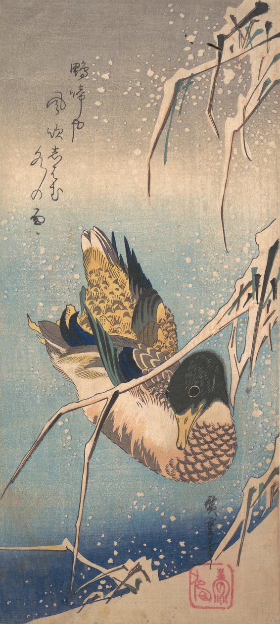 Un Pato Salvaje cerca de una Orilla Cargada de Nieve de Ando Hiroshige