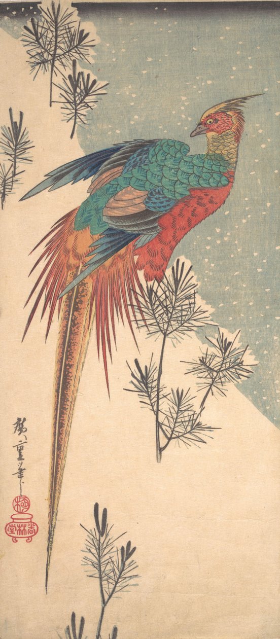 Faisán dorado y brotes de pino en la nieve, ca. 1835 de Ando Hiroshige