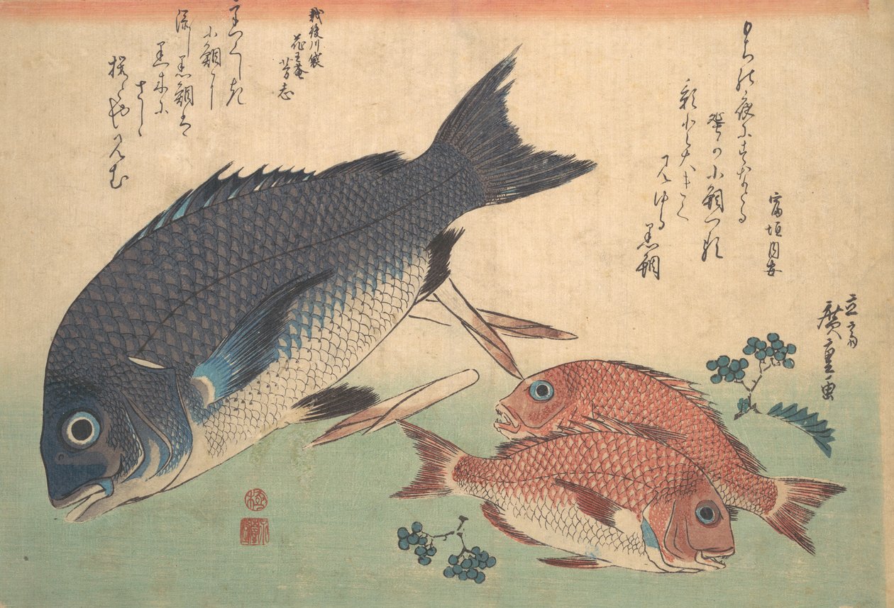 Kurodai y Kodai con brotes de bambú y bayas, de la serie Uozukushi Every V..., 1830s de Ando Hiroshige