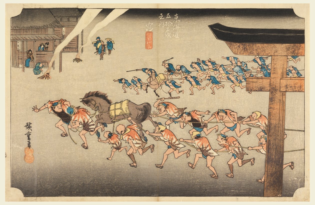 Miya (Festival del Templo Atsuta Jiuji), en Las Cincuenta y Tres Estaciones del Camino Tokaido (Tokaido Gojusan Tsugi-no Uchi) de Ando Hiroshige