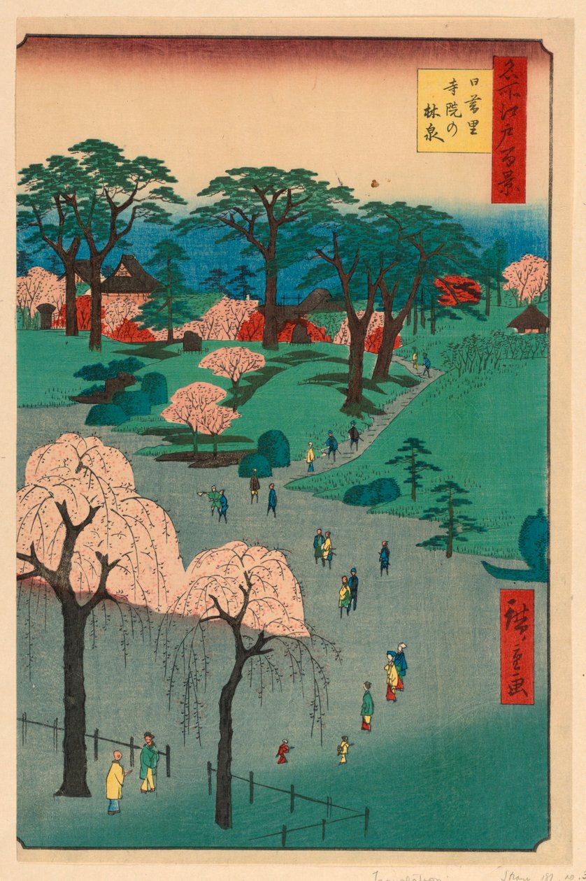 Nippori, jardines del templo (Nippori, jiin no rinsen) de la serie Cien vistas famosas de Edo de Ando Hiroshige