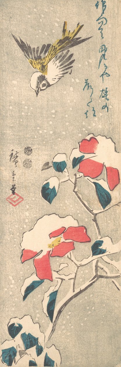 Gorrión y camelia cubierta de nieve Tsubaki, ca. 1845 de Ando Hiroshige