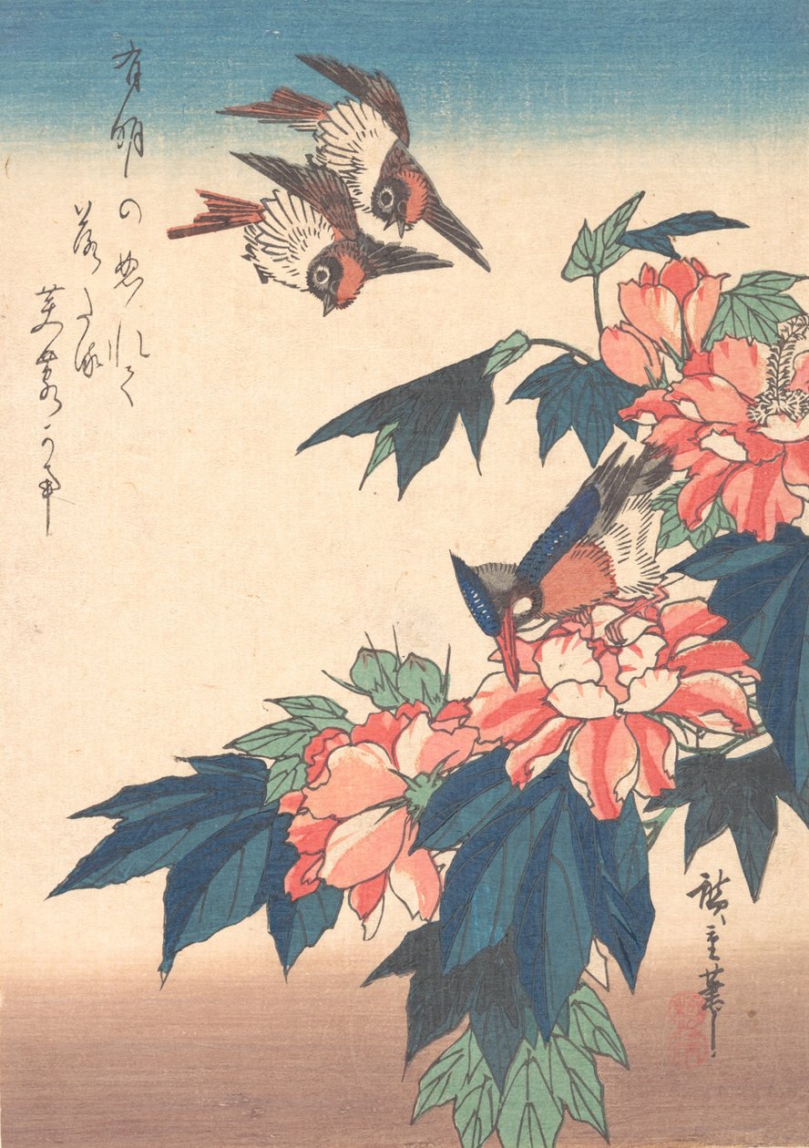 Golondrinas y martín pescador con malvas rosas, ca. 1838 de Ando Hiroshige