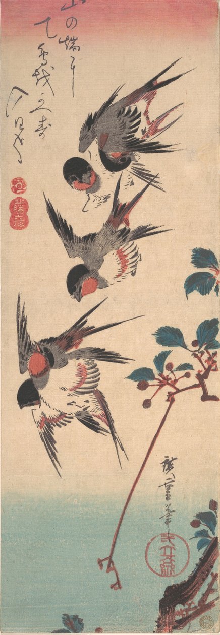 Golondrinas y cerezo silvestre, ca. 1834 de Ando Hiroshige