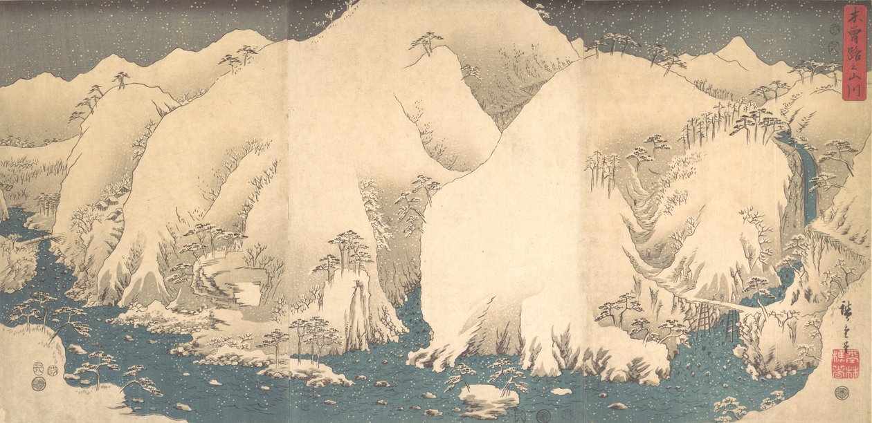 Las montañas Kiso en la nieve, fechado en el octavo mes del año de la Serpiente, 1857 de Ando Hiroshige