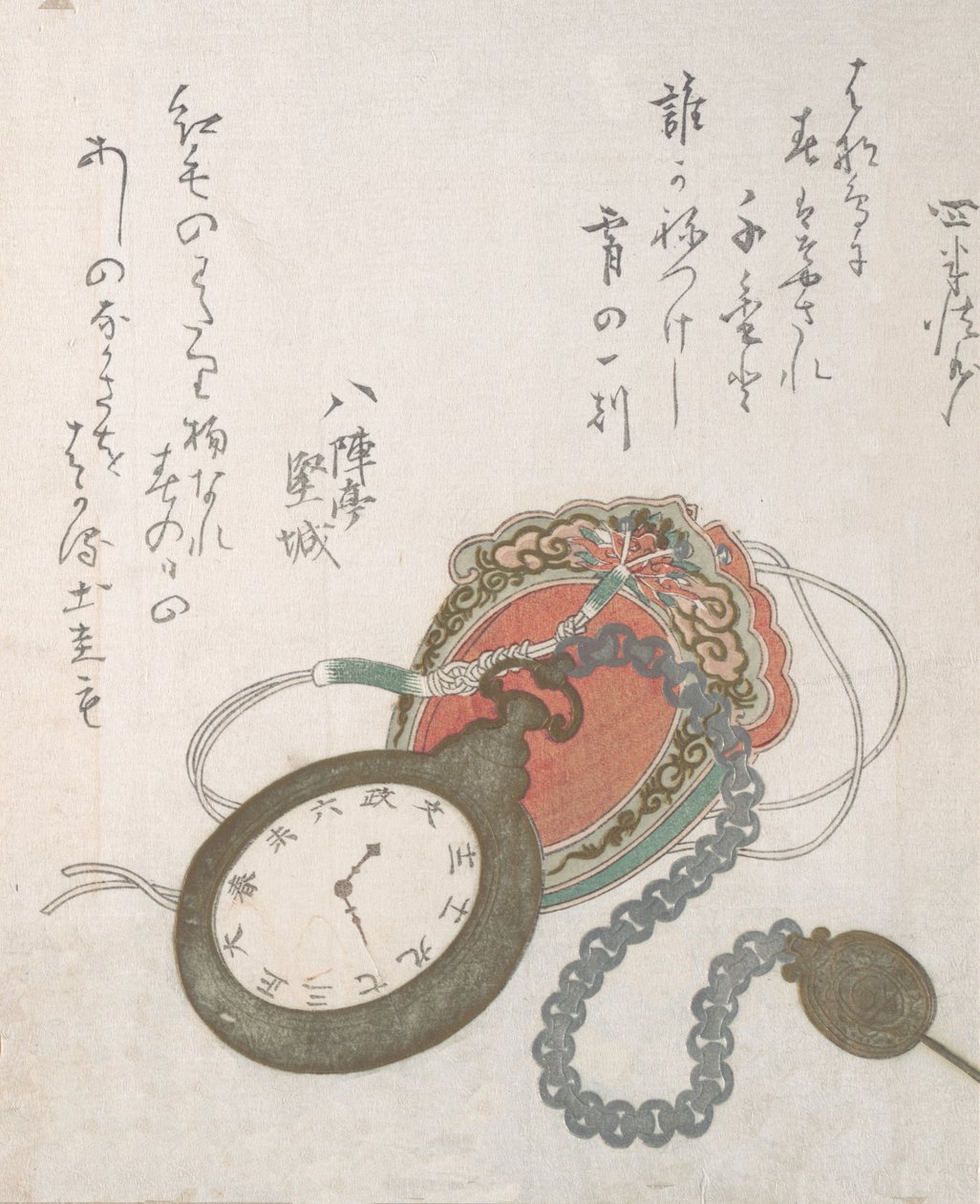 Reloj de bolsillo occidental de la colección de la lluvia de primavera Harusame shu, vol. 3, fechado 1823 de Ando Hiroshige