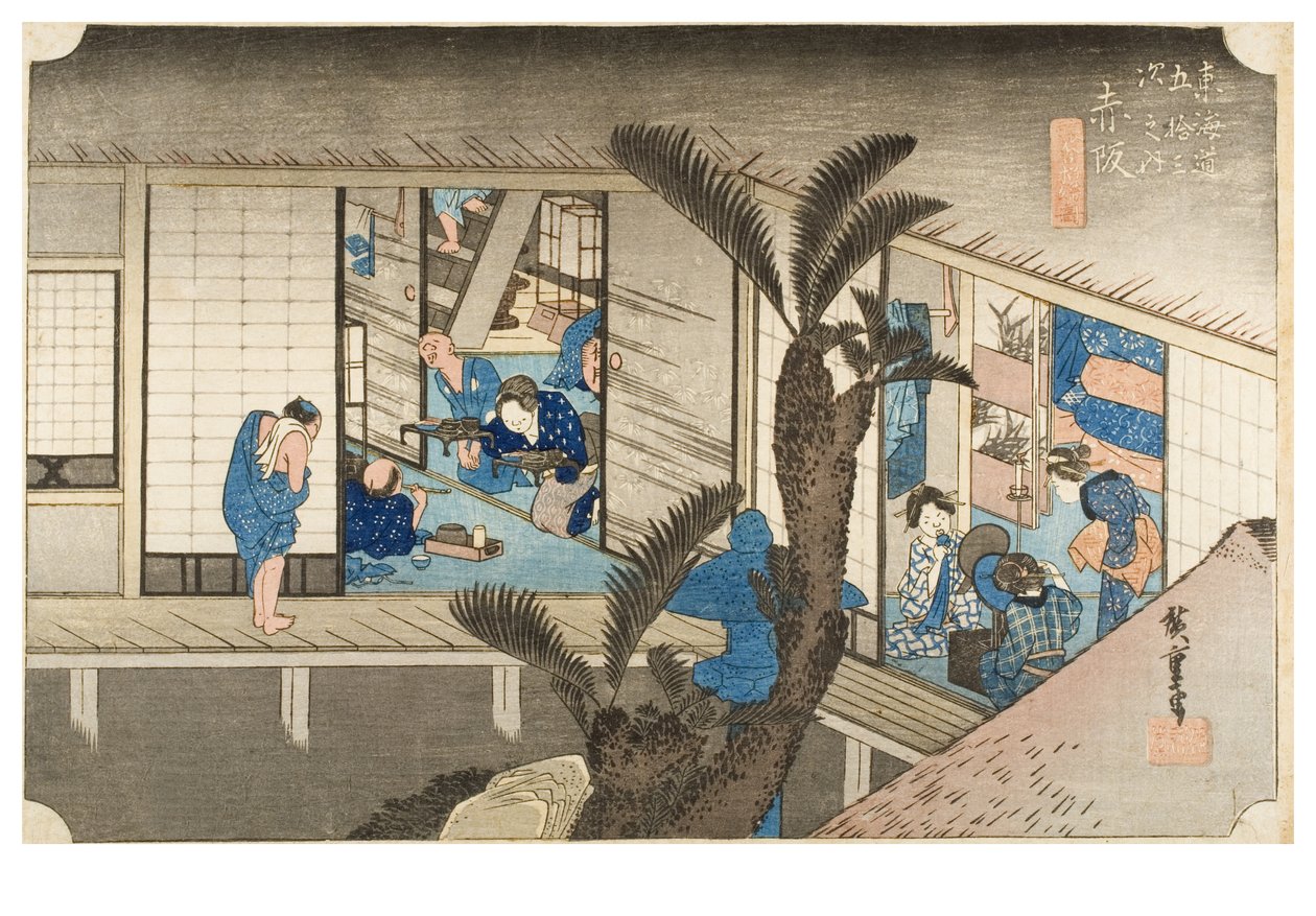Akasaka: Posada con sirvientas de la serie Las Cincuenta y Tres Estaciones del Tokaido, c.1831-1834 (xilografía sobre papel) de Ando or Utagawa Hiroshige