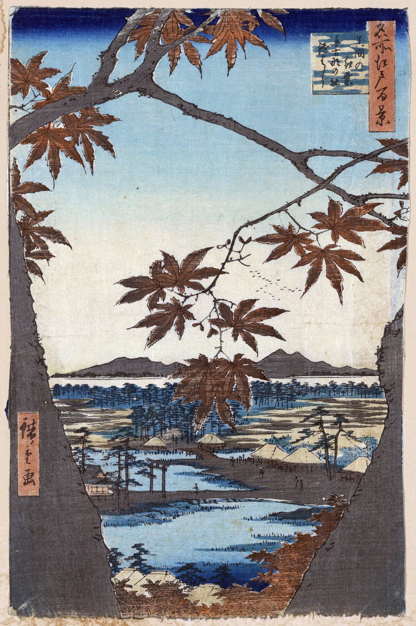 "" Cien vistas famosas de Edo "" (Tokyo de hoy): hojas de arce en Mama con el templo Tekona y el puente Tsugi. Vista de la ciudad de Tokio en Japón. (Hojas de arce y el santuario Tekona y el puente en Mama (Cien vistas famosas de Edo). Xilografía japonesa de Ando or Utagawa Hiroshige