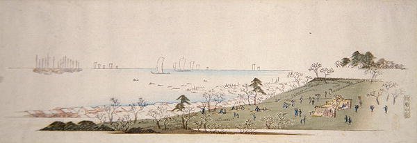Tiempo de flor de cerezo, gente haciendo picnic en Gotenyama de Ando or Utagawa Hiroshige