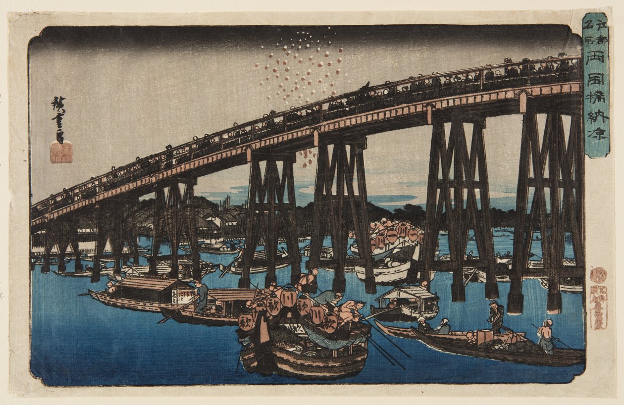 Disfrutando del fresco de la tarde en el puente Ryōgoku de Ando or Utagawa Hiroshige