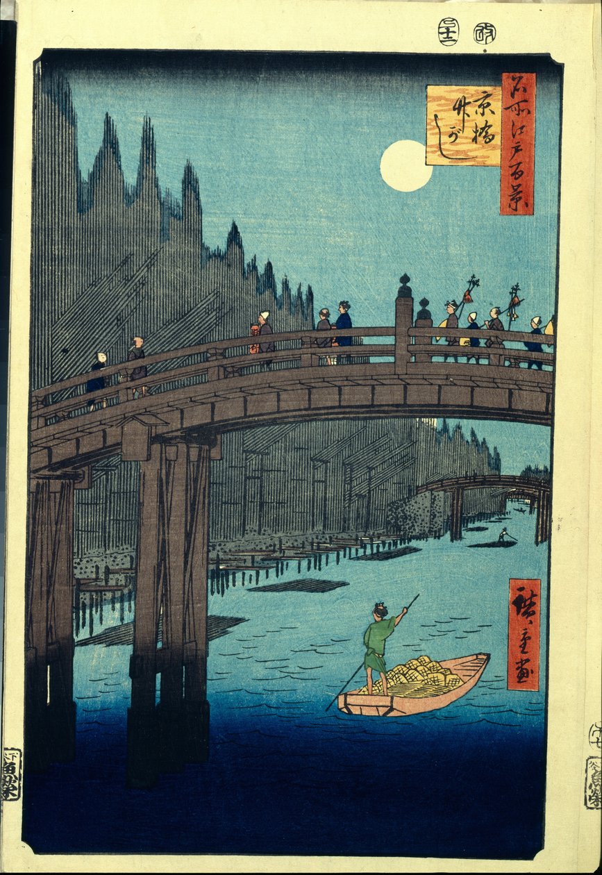 Xilografía japonesa: The Bamboo Wharf de Kyobashi Bridge (Tokio, Japón). Serie cien vistas famosas de Edo. (Bamboo Quay junto al puente Kyobashi, Cien vistas famosas de Edo). Obra de Utagawa Hiroshige (1797-1858), xilografía (39x26 cm) de Ando or Utagawa Hiroshige
