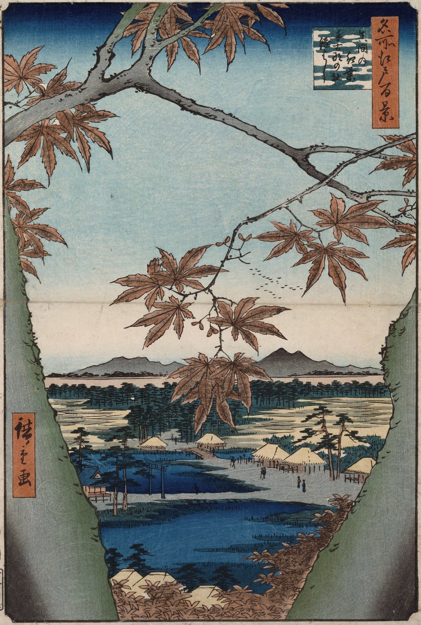Hojas de arce y el Santuario Tekona, y el Puente en Mama, de la serie "Cien vistas de lugares famosos en Edo" de Ando or Utagawa Hiroshige