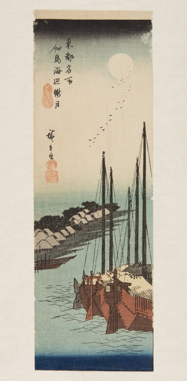 Luz de luna brumosa en el mar en la isla de Tsukuda (Tsukudajima kaihen oborozuki) de Ando or Utagawa Hiroshige