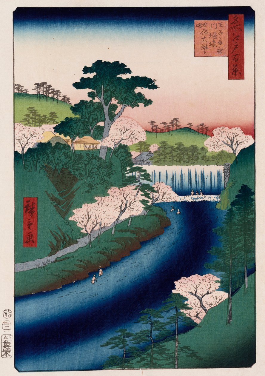 Presa del río Otonashi, Oji, popularmente llamada Gran Cascada, de la serie Cien vistas de lugares famosos en Edo de Ando or Utagawa Hiroshige