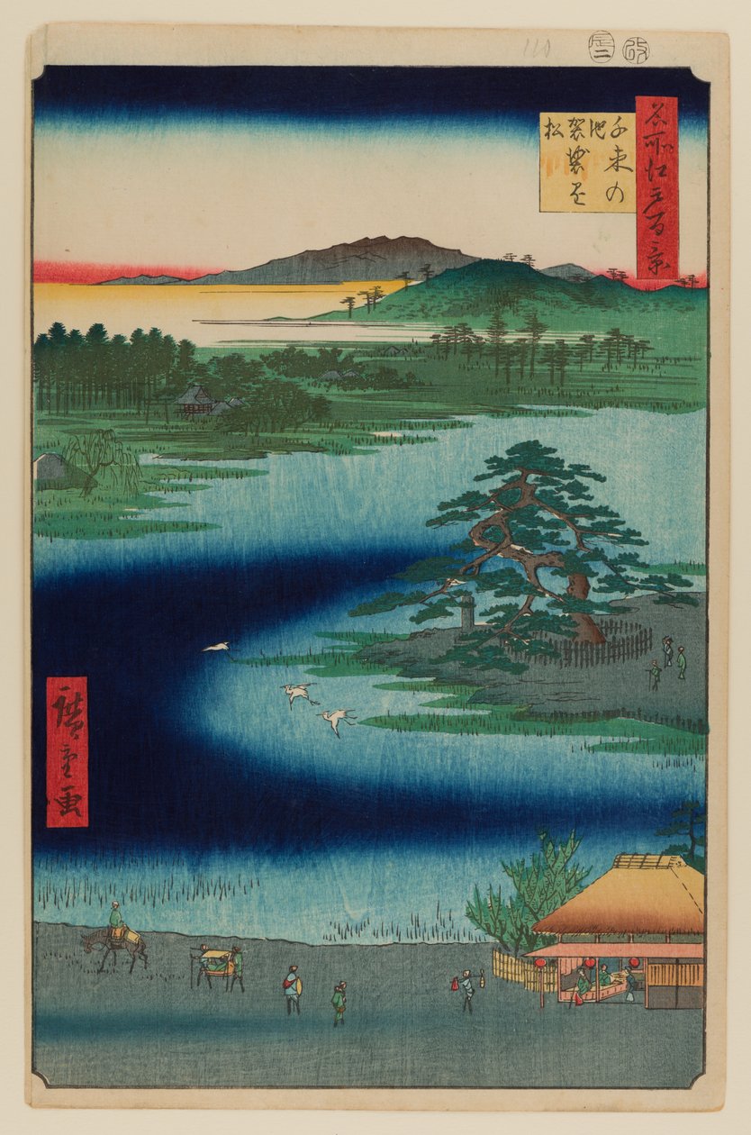 Pino colgante, estanque Senzoku de Ando or Utagawa Hiroshige