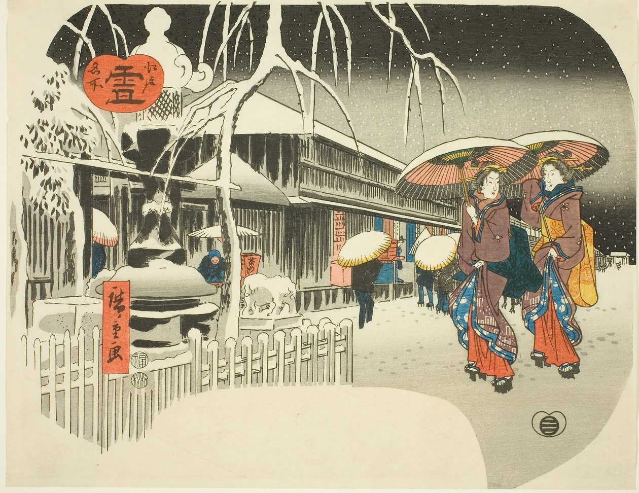 Nieve (Yuki), de la serie "Lugares famosos de Edo, c.1849-52 (xilografía en color; uchiwa-e) de Ando or Utagawa Hiroshige