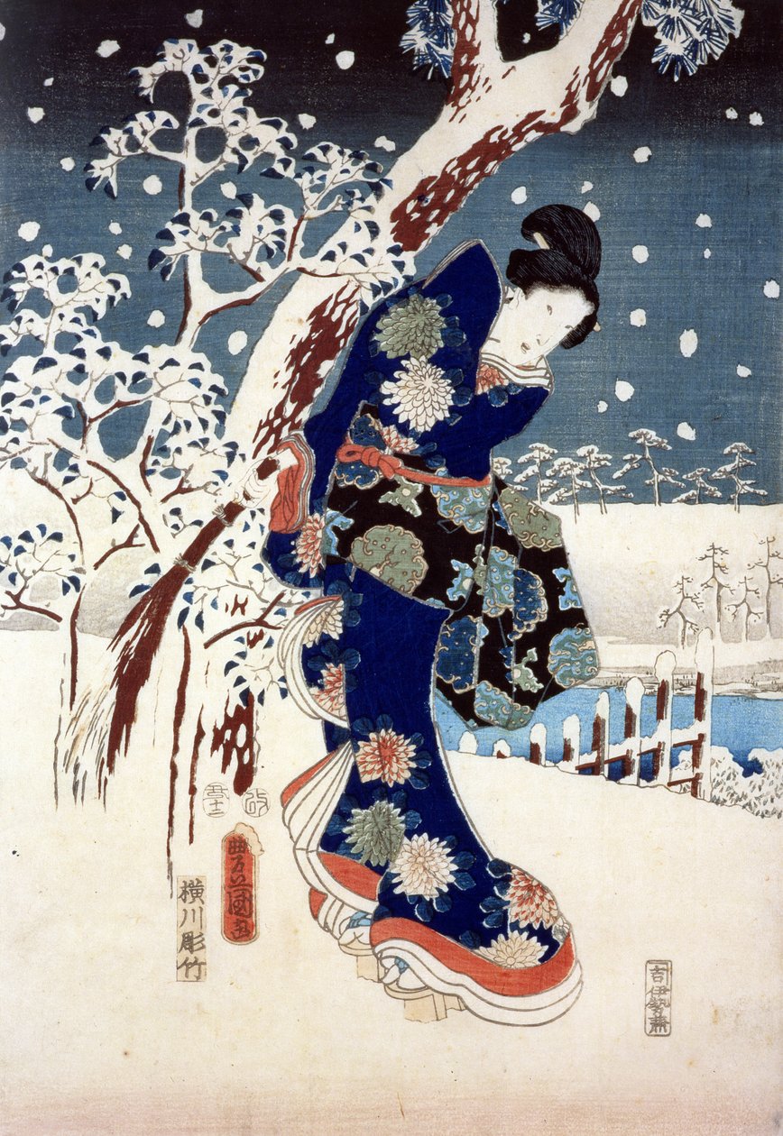 Escena de nieve en el jardín de un Daimyo, parte de un tríptico de Ando or Utagawa Hiroshige